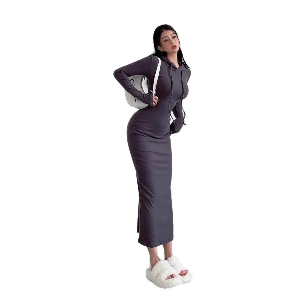 Women's grey hooded long-sleeve sheath dress with a high waist on a model.
