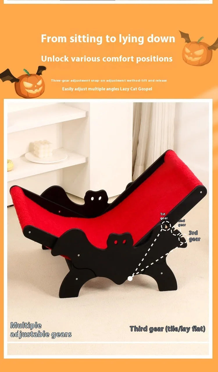 Black and red bat-shaped wooden cat recliner bed with Halloween theme