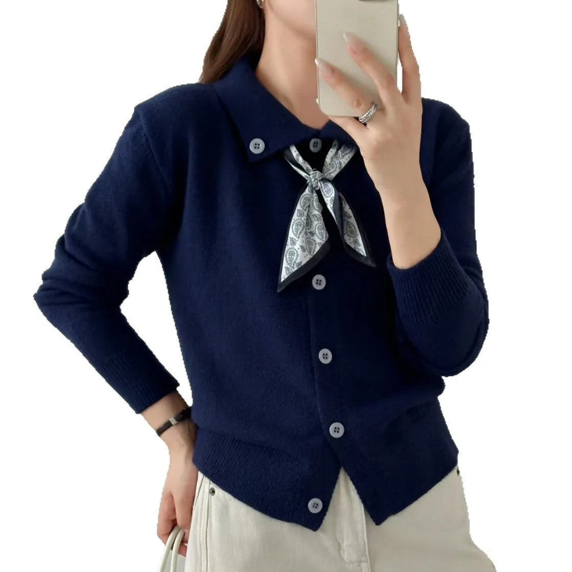 Lapel scarf sweater cardigan in acrylic fibre with splicing details and regular sleeves