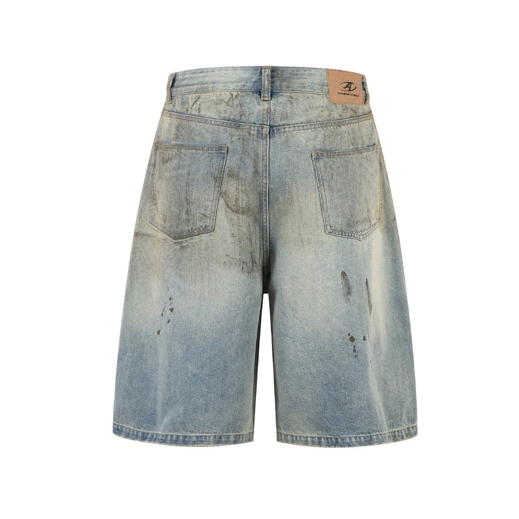 Men's washed blue cropped denim jeans with straight leg and zipper fly