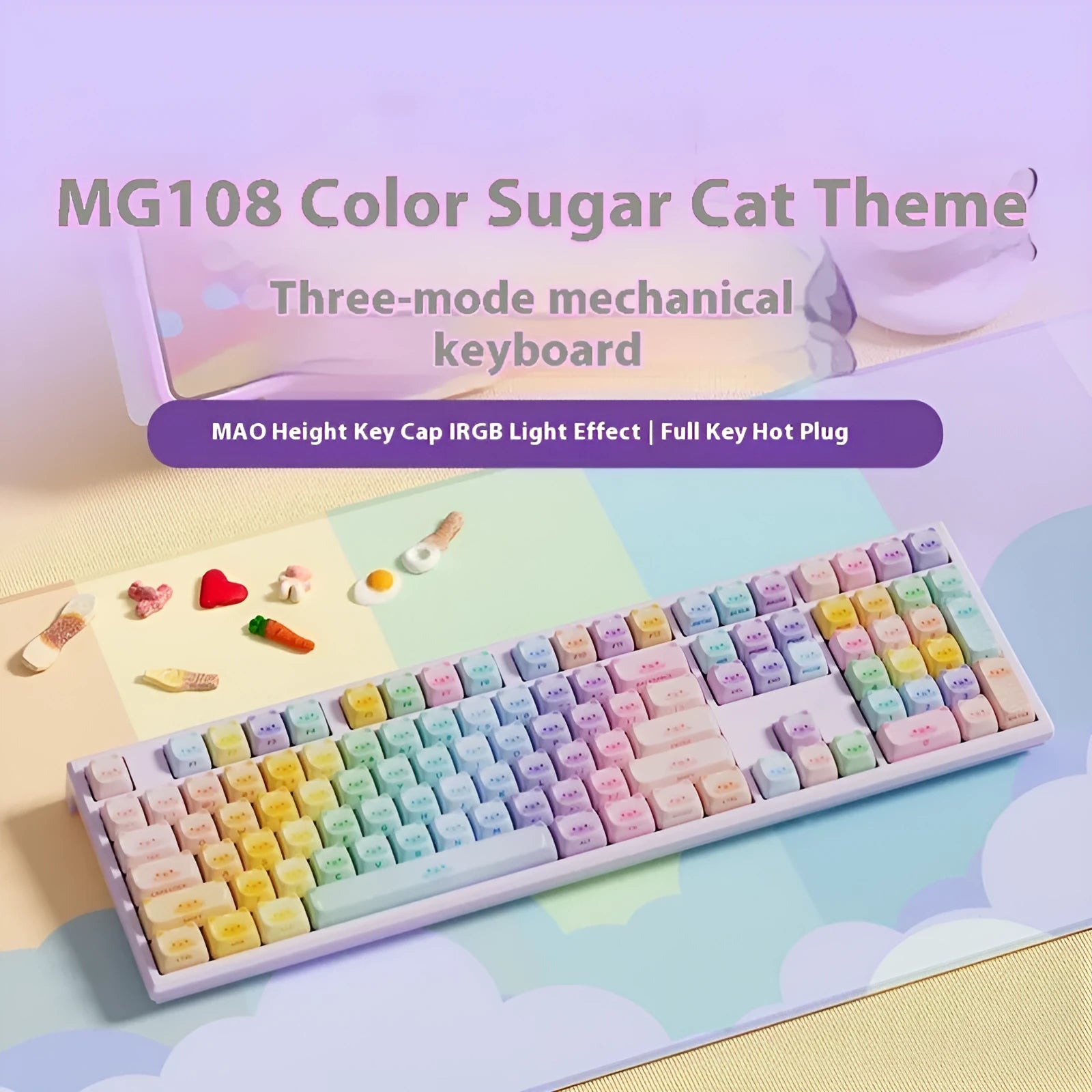 MG108B sugar cat themed mechanical keyboard with RGB lighting and 108 keys