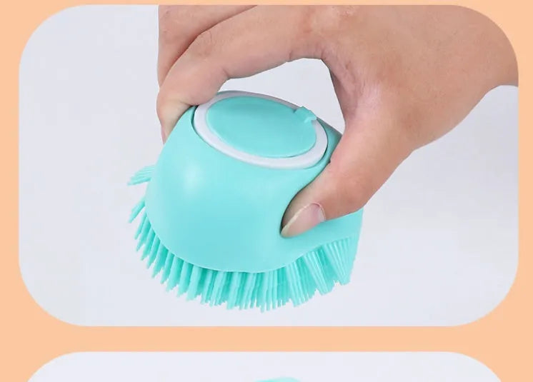 Silicone dog bath brush in blue, pink, and yellow – 9x6x8.5cm pack size