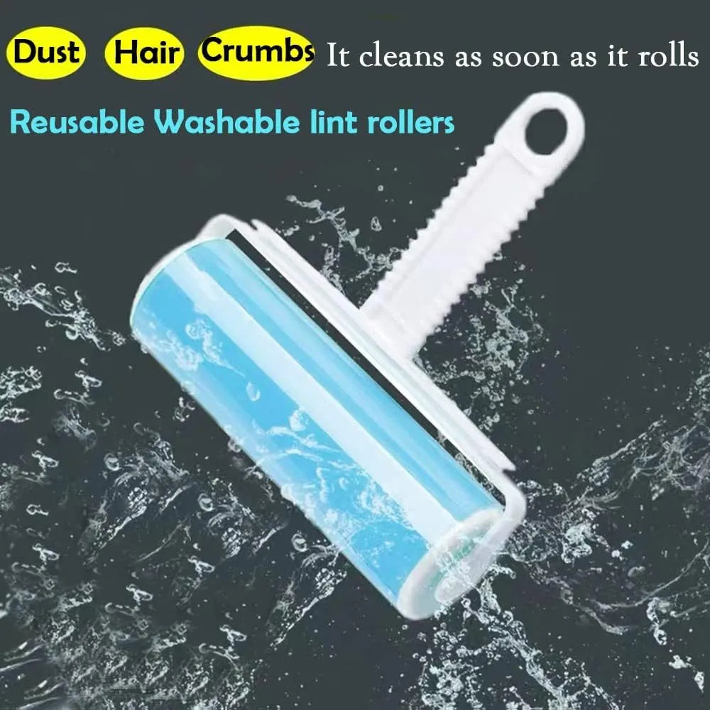Reusable washable lint roller with protective cover for pet hair removal.