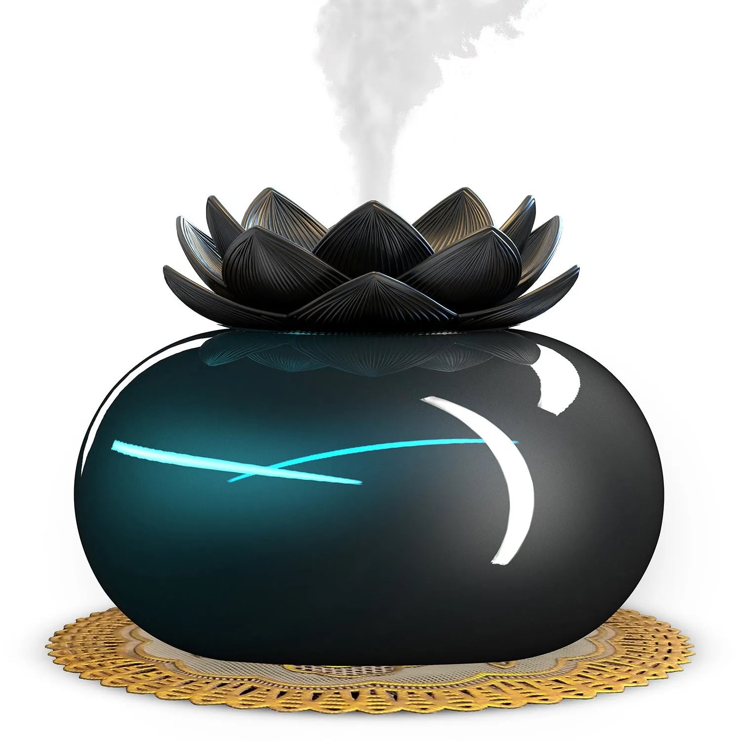 Pure black round Lotus ultrasonic humidifier with USB cable and ceramic base