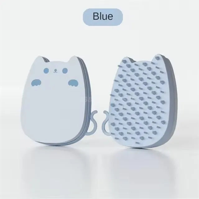 Brown silicone pet grooming comb with dual bristle design for cats and dogs on white background