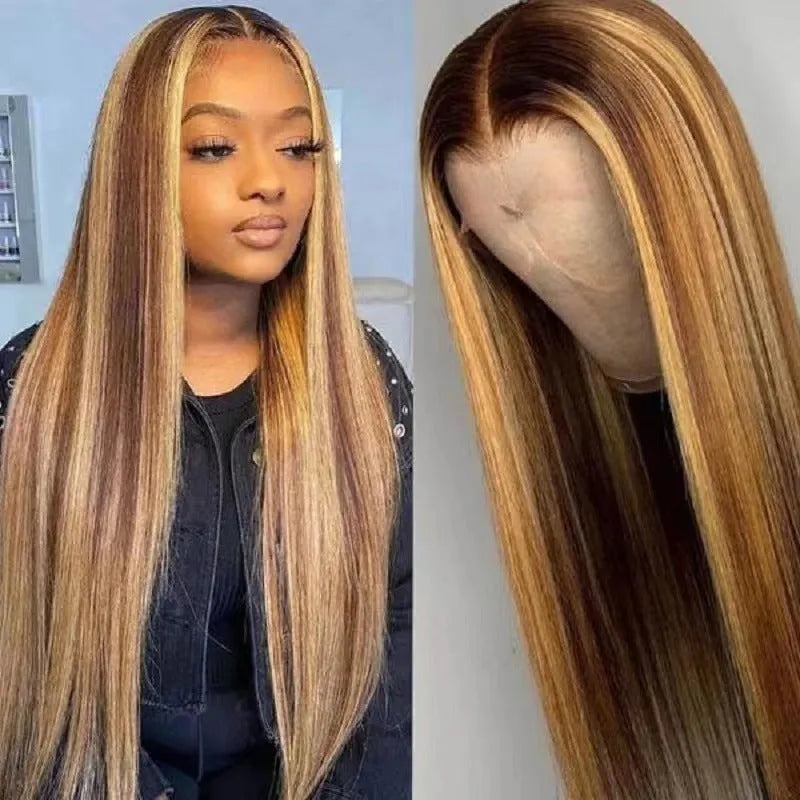 Front lace wig with African black gradient colour in a long, big wave style with side bangs.