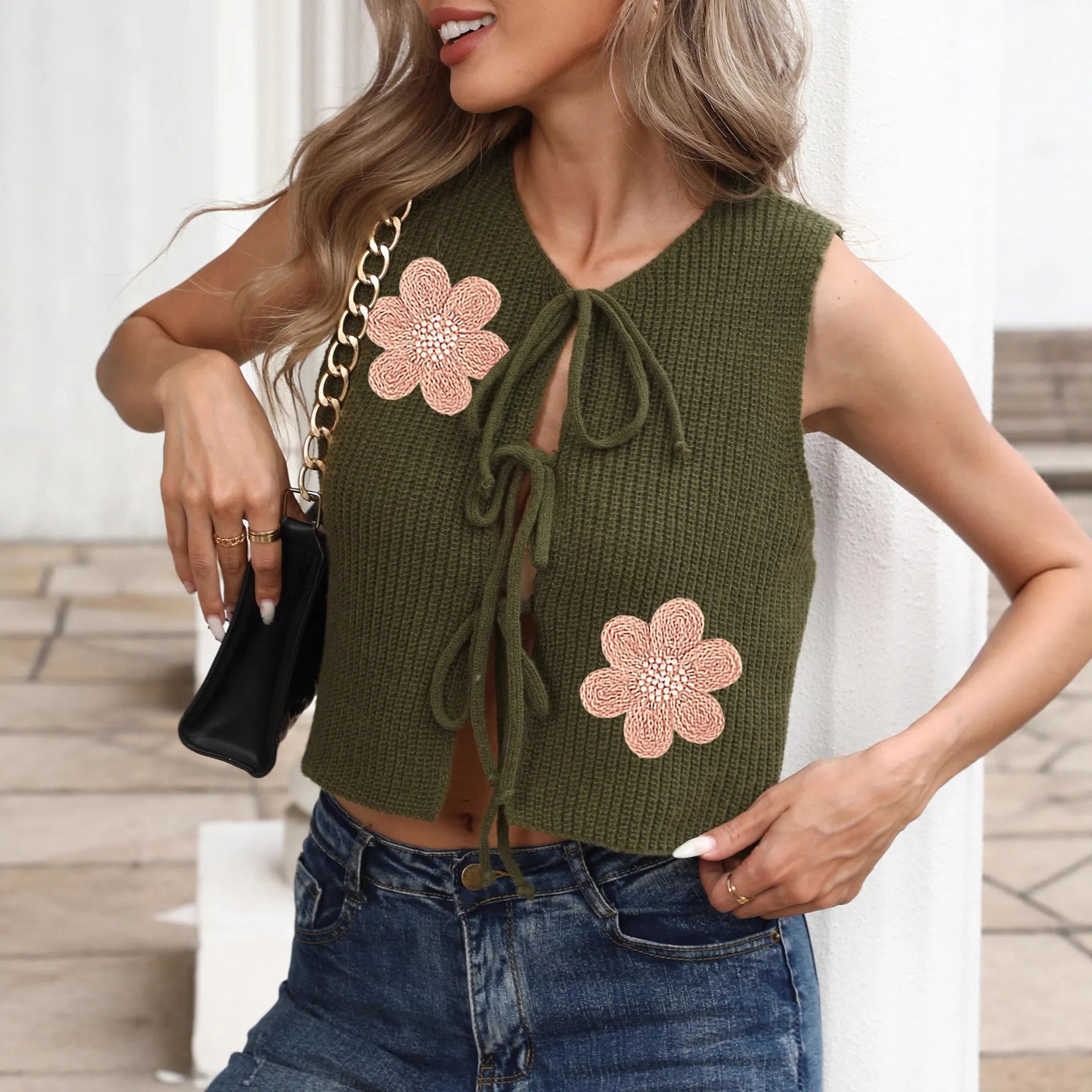 Short length lace-up bow cardigan vest in deer plush polyester fabric with floral pattern