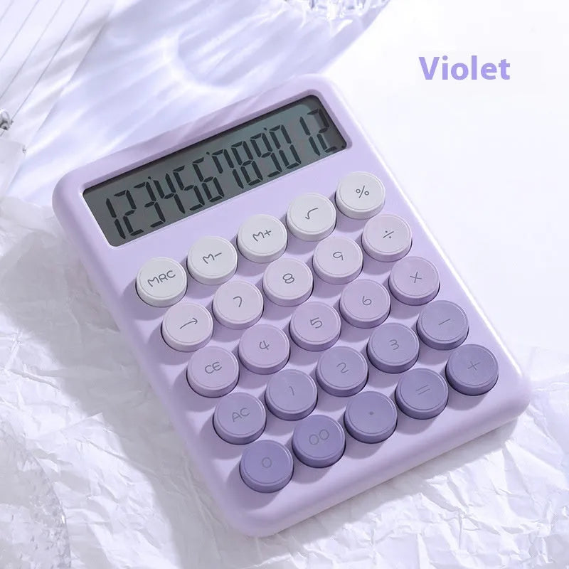 Gradient colour desk calculator in violet, cherry blossom powder, glacier blue, and mint green options