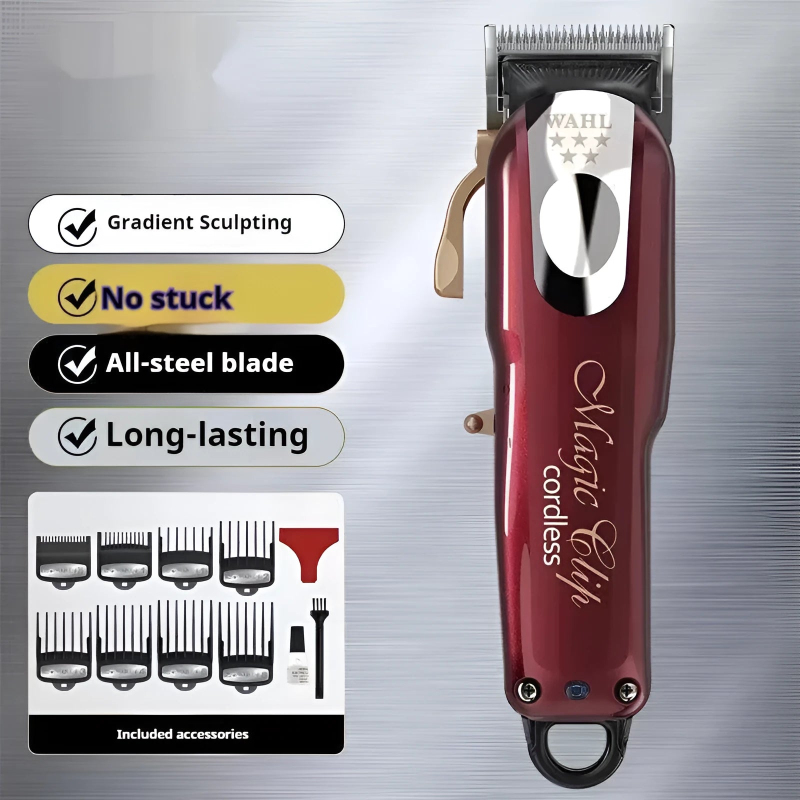 USB rechargeable hair clippers with stainless steel cutter head for adults and children.