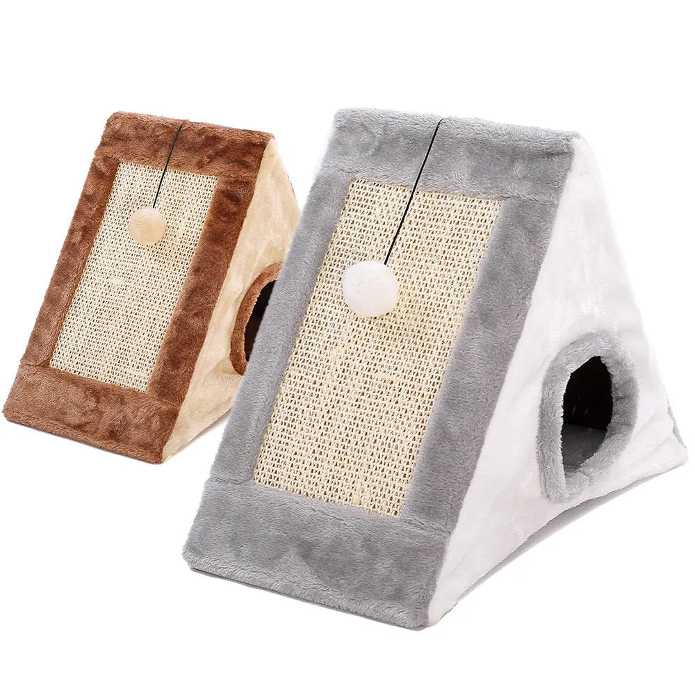 Triangular cat bed with integrated sisal scratching surface in grey and white colour option