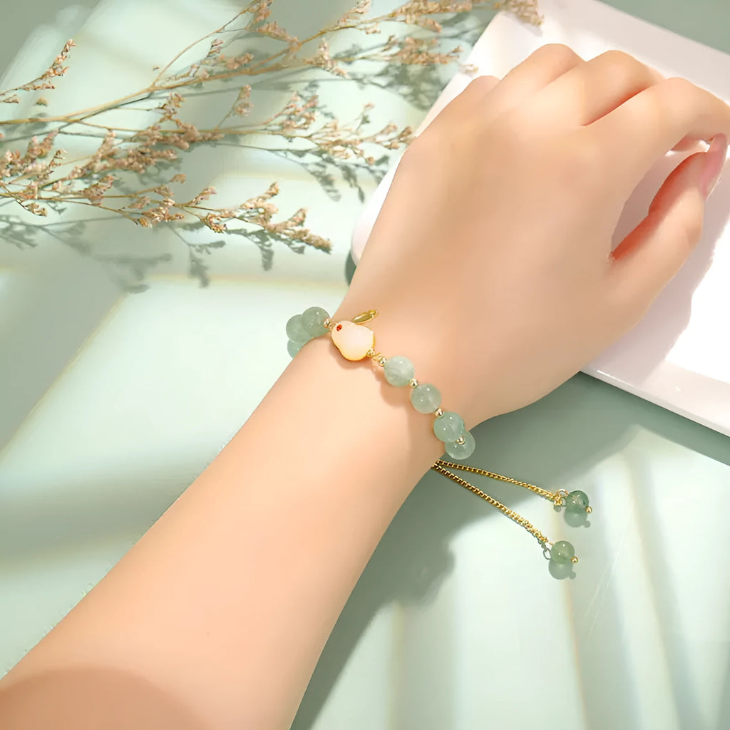 Women's casual rabbit bracelet with green aventurine natural stone beads and copper plated metal with 14k gold accents
