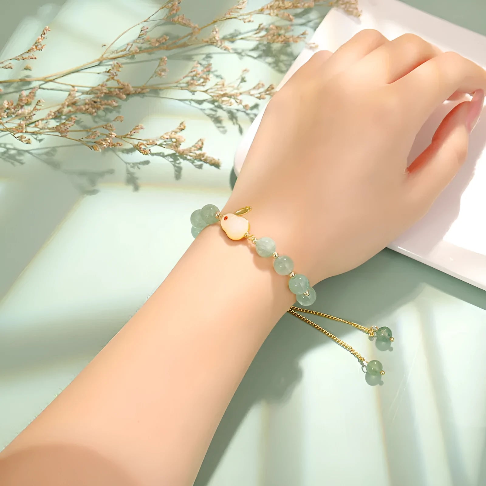 Women's casual rabbit bracelet with green aventurine natural stone beads and copper plated metal with 14k gold accents