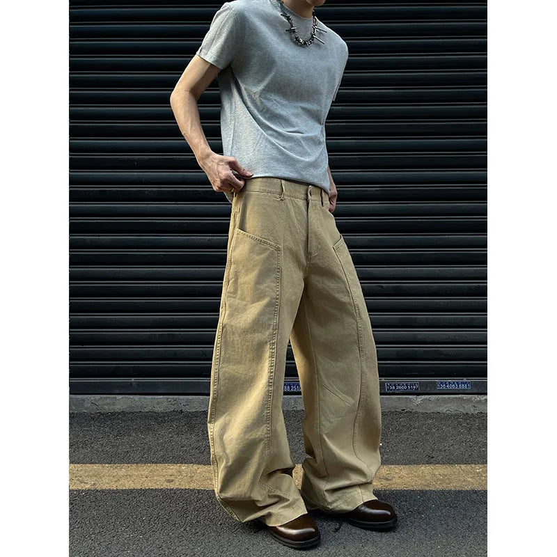 American retro solid colour khaki straight pants for men on plain background