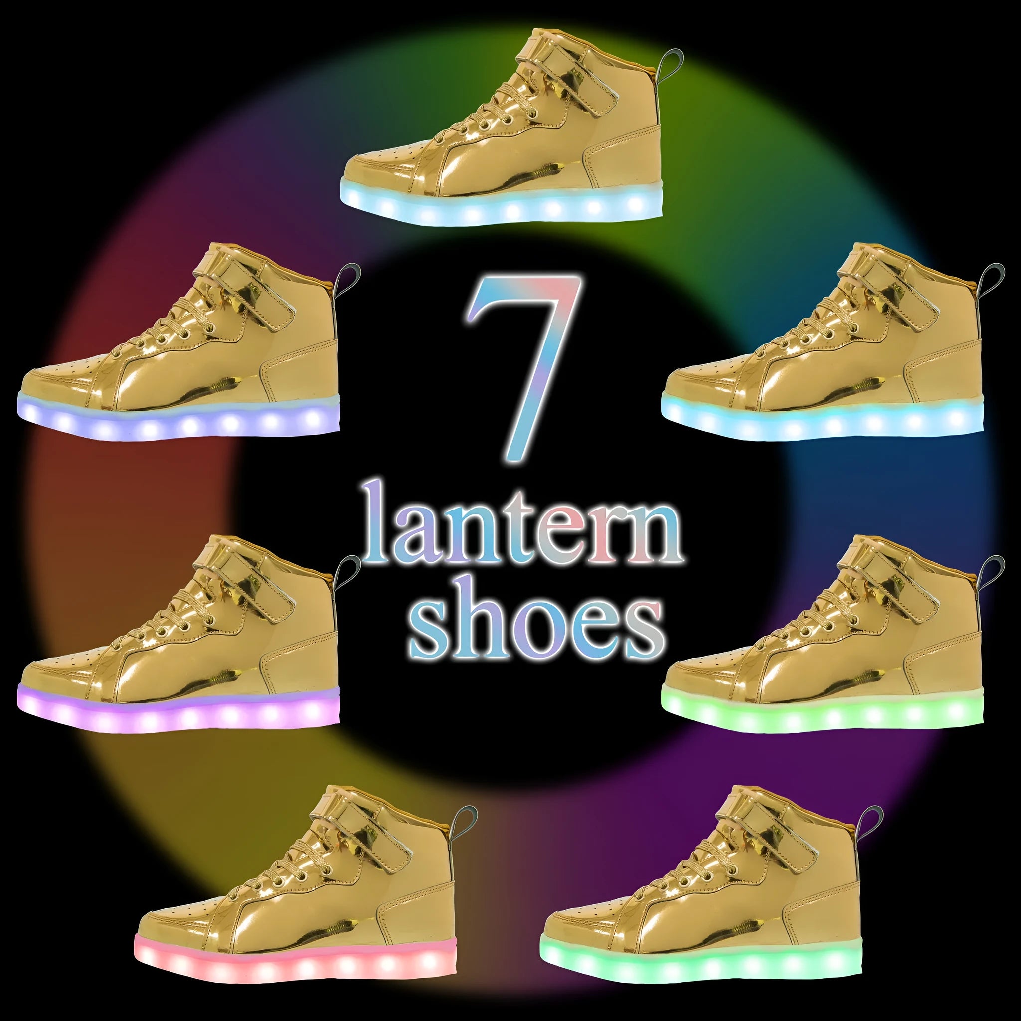 LED high-top board shoes in black, gold and white colours with Velcro fastening and rubber soles