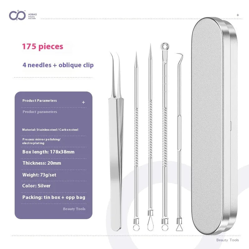 Four silver metal acne needles with fine pointed tips laid out on a surface.