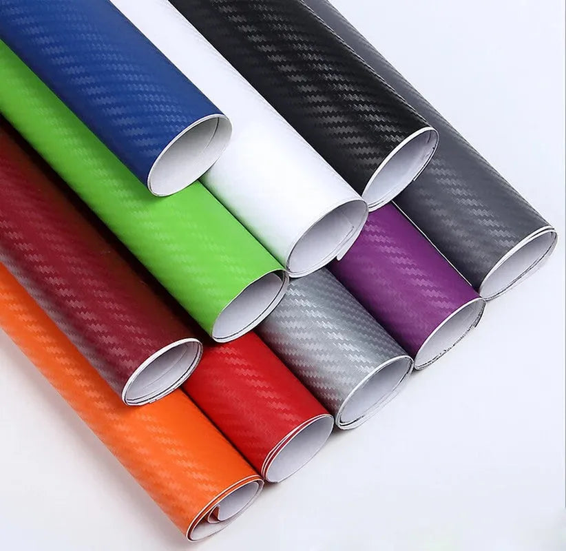 Roll of carbon fibre decorative sticker for cars in multiple colours, showing 3D stereo pattern