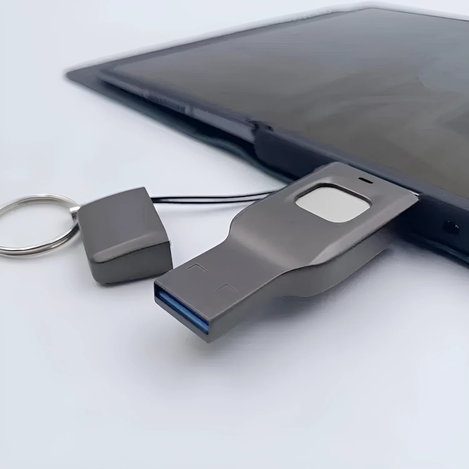 Fingerprint-protected USB flash drive with USB 3.0 and USB-C connectors in metal shell