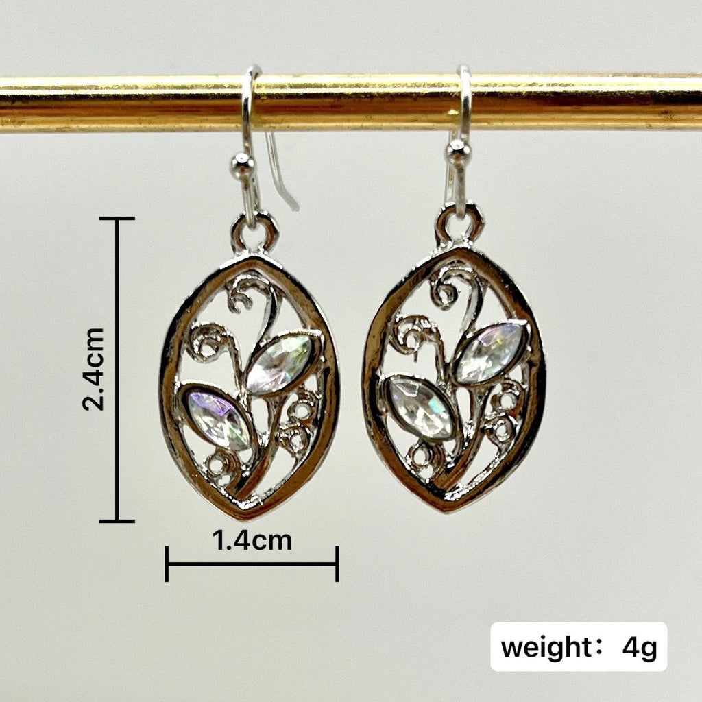 Silver women's earrings with leaf design and colourful embedded moonstones