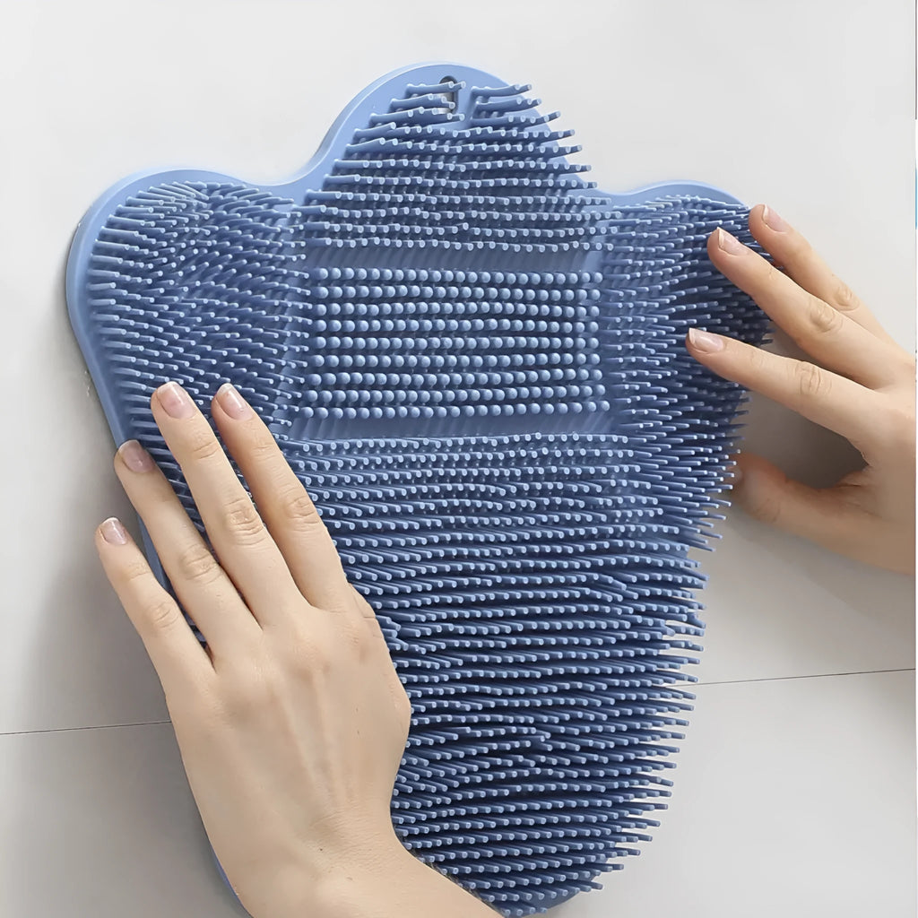 People rubbing gadget bath rub cushion silicone massage mat in blue, grey and pink colours