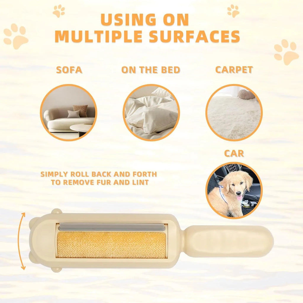 Blue pet hair remover tool with self-cleaning base on a sofa with dog fur