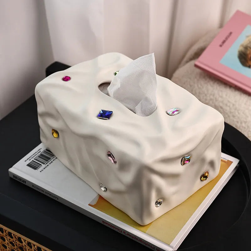 Light luxury ceramic tissue box with gem party design in matte coconut milk white finish