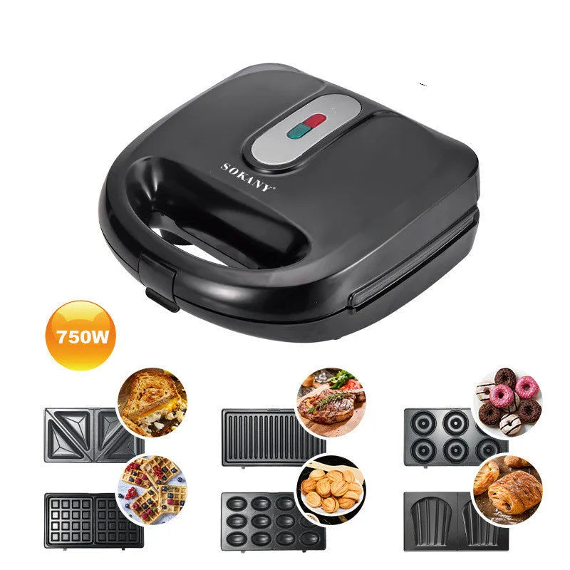 Black double-sided electric sandwich maker with non-stick plates and stainless steel lid