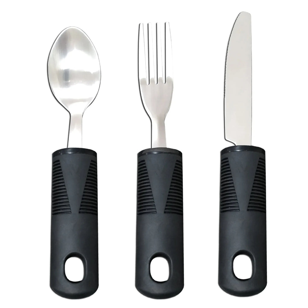 Adaptive stainless steel tableware set with rubber handle grips shown in black and grey colour options