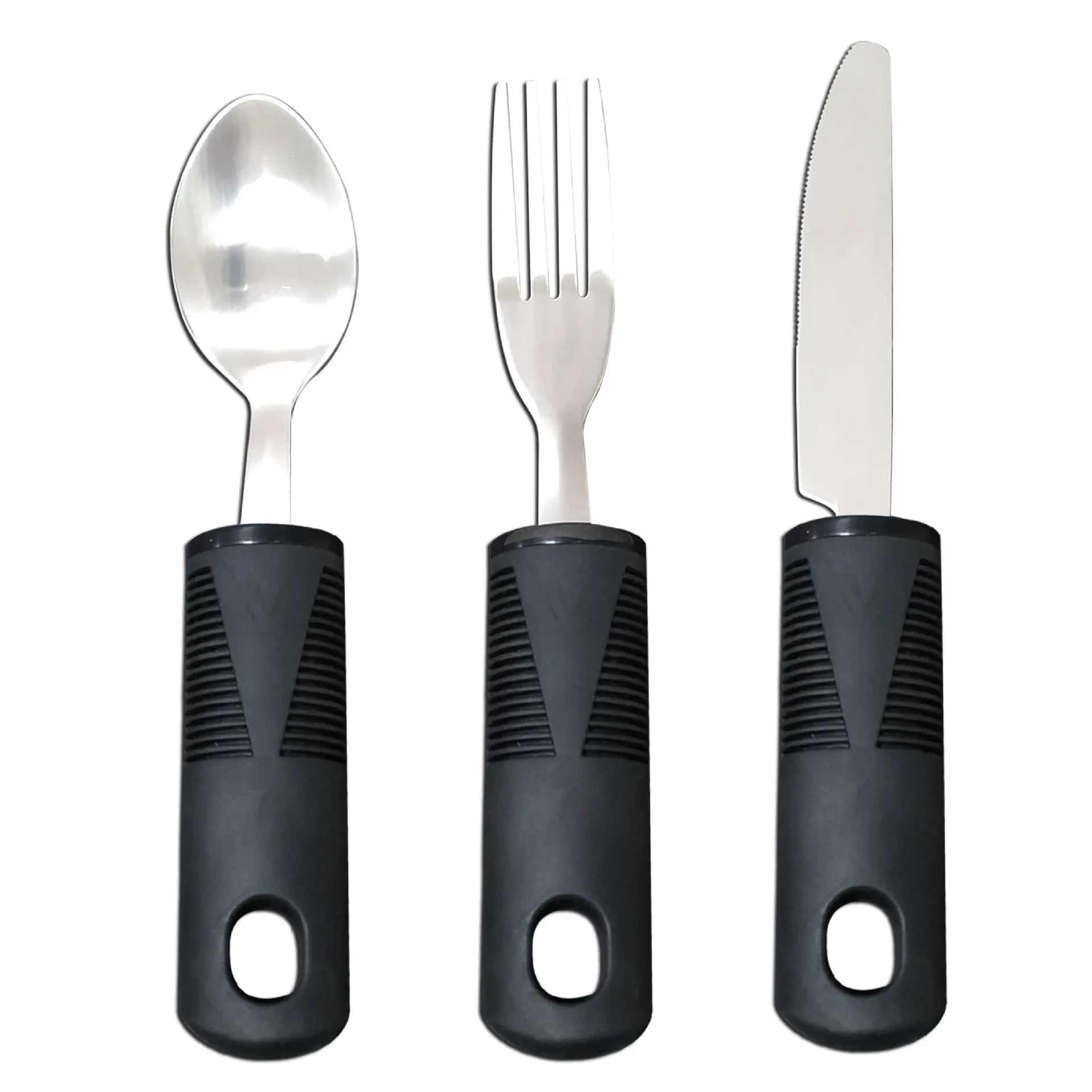 Adaptive stainless steel tableware set with rubber handle grips shown in black and grey colour options