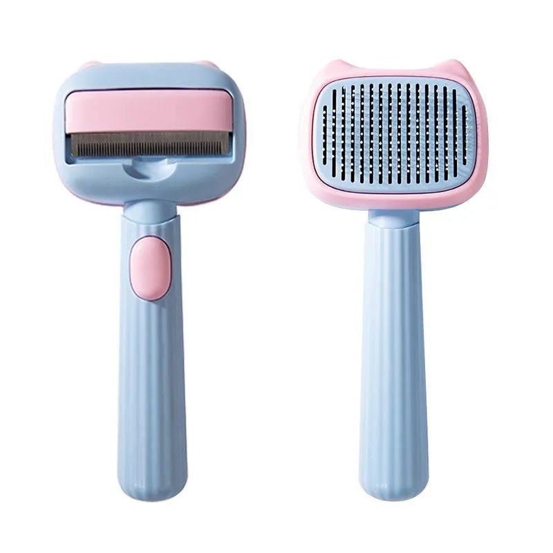 Red double-sided pet grooming brush with de-shedding rake and de-matting comb on a white background