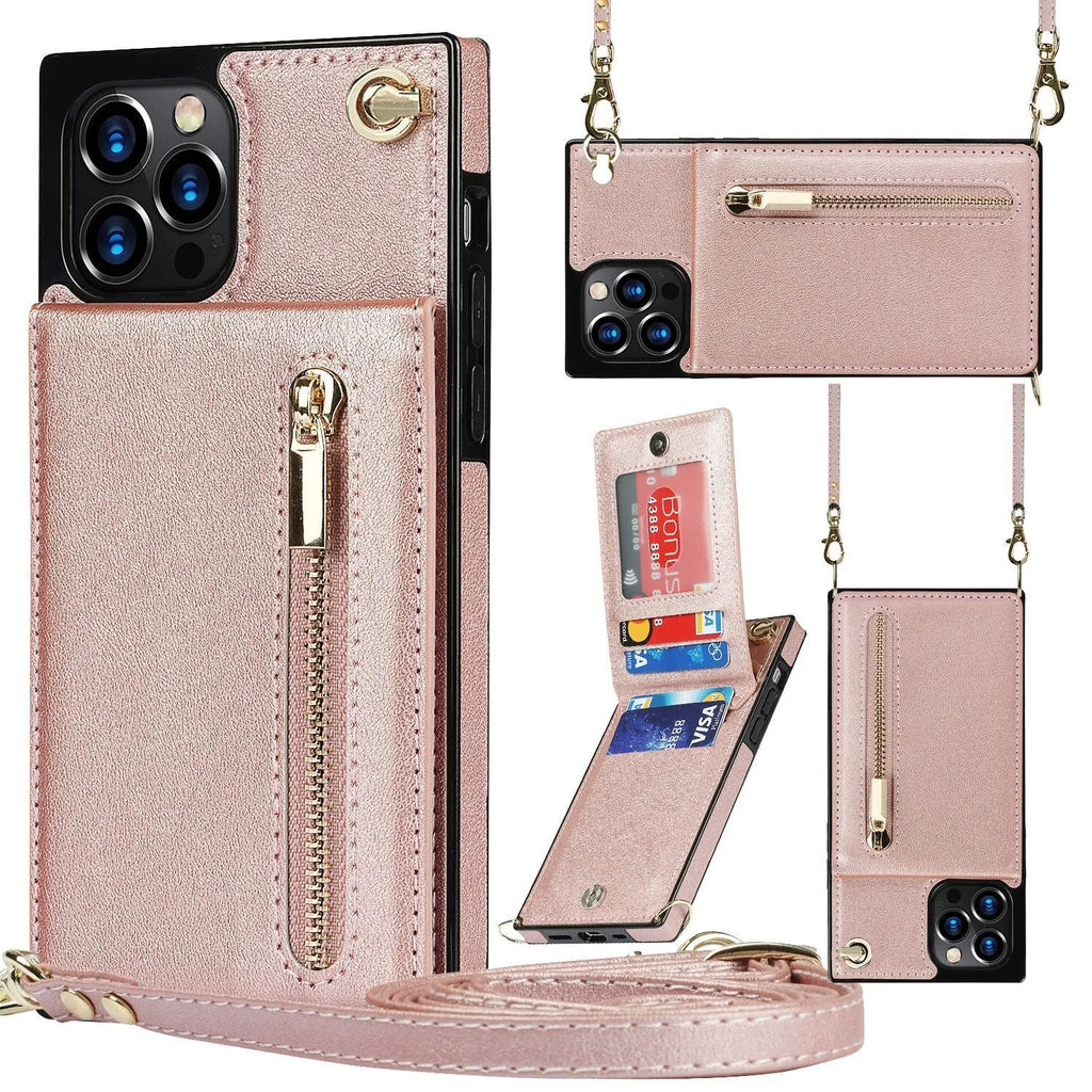 TPU and leather mobile phone case in solid colours: black, green, purple, red, and rose gold.
