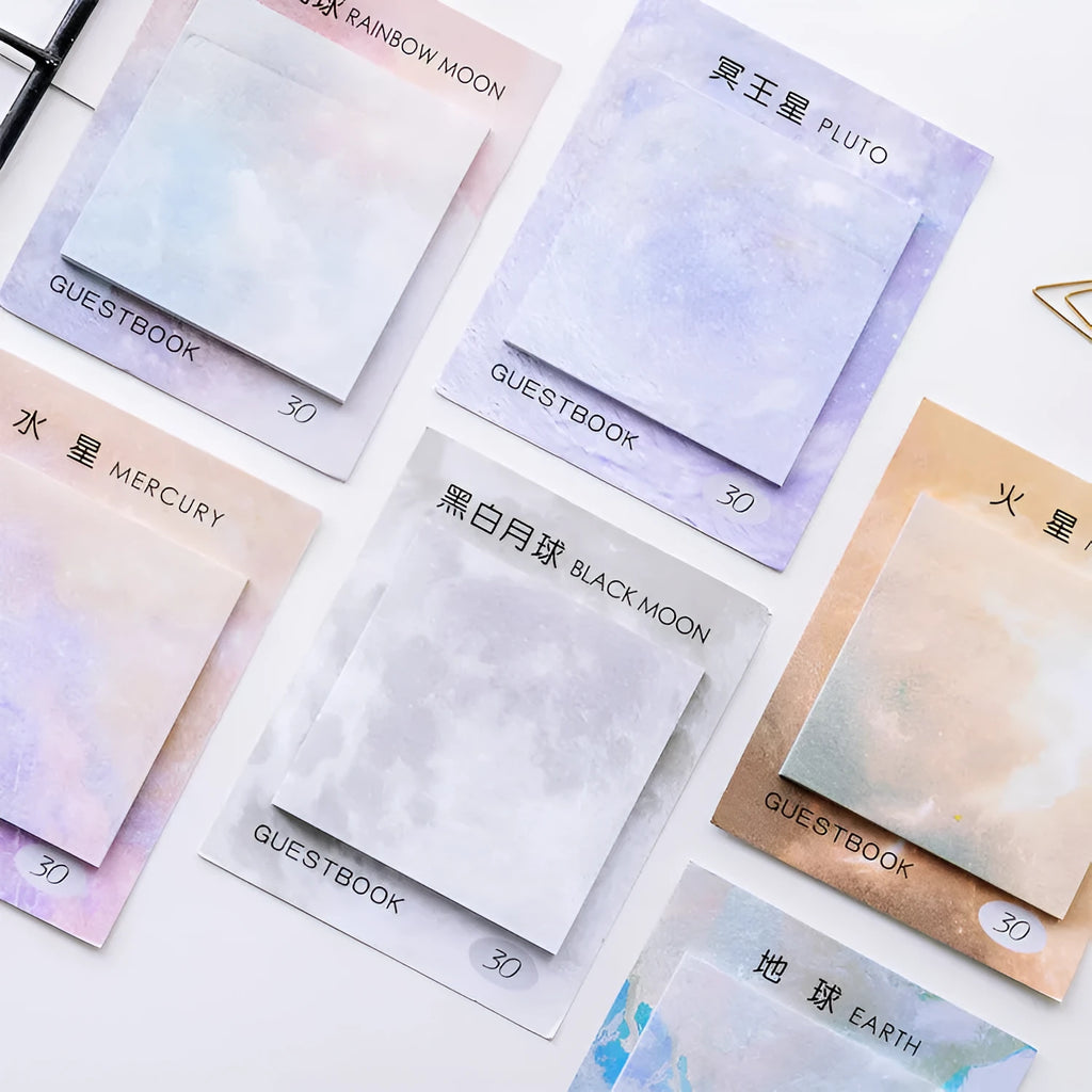 Square planet sticky notes pad with 7.3cm dimensions showing oil painting artwork of Earth, Mars, and moon designs