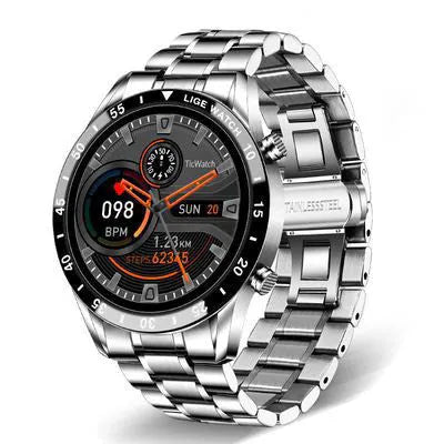 Stainless steel smart watch with black band and 1.3 inch touchscreen display.