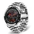 Stainless steel smart watch with black band and 1.3 inch touchscreen display.
