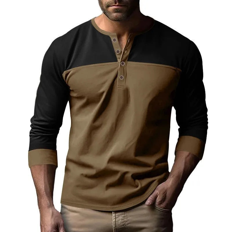 Retro long-sleeve Henry collar casual shirt with colour-matching collar and beaded twill fabric, solid colour, pullover style