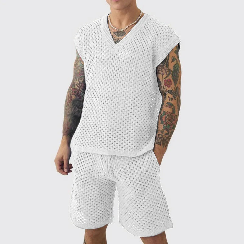 Men's blue cotton V-neck knitted vest and matching shorts set on a white background.