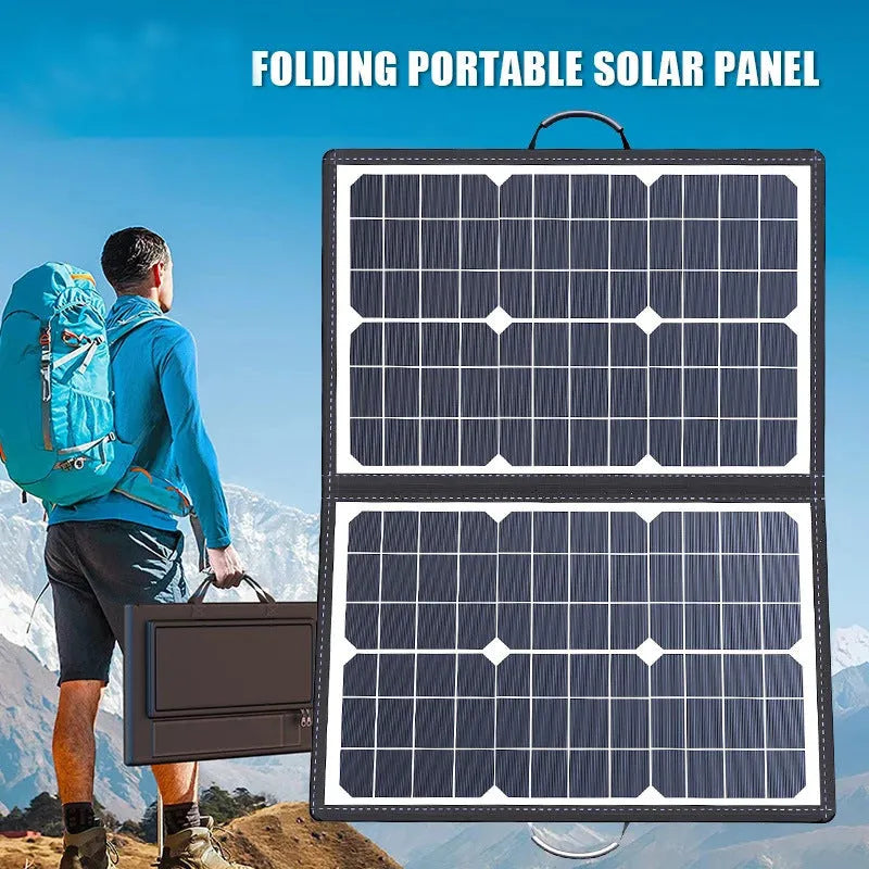 Black folding bag solar panel with 40W power rating, shown folded to compact size.