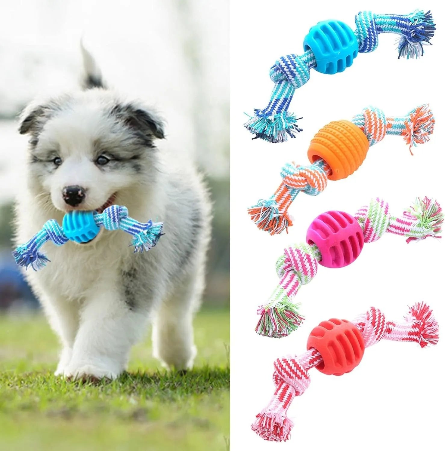 Blue dog chew toy with integrated rope strands for dental cleaning and play
