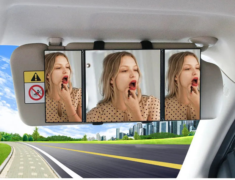 Silver car folding makeup mirror showing compact and opened positions