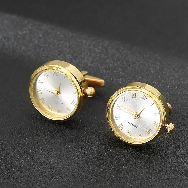 Men's light luxury clock cufflinks with rotatable golden face, 18K steel, 2.2cm diameter, on a white surface