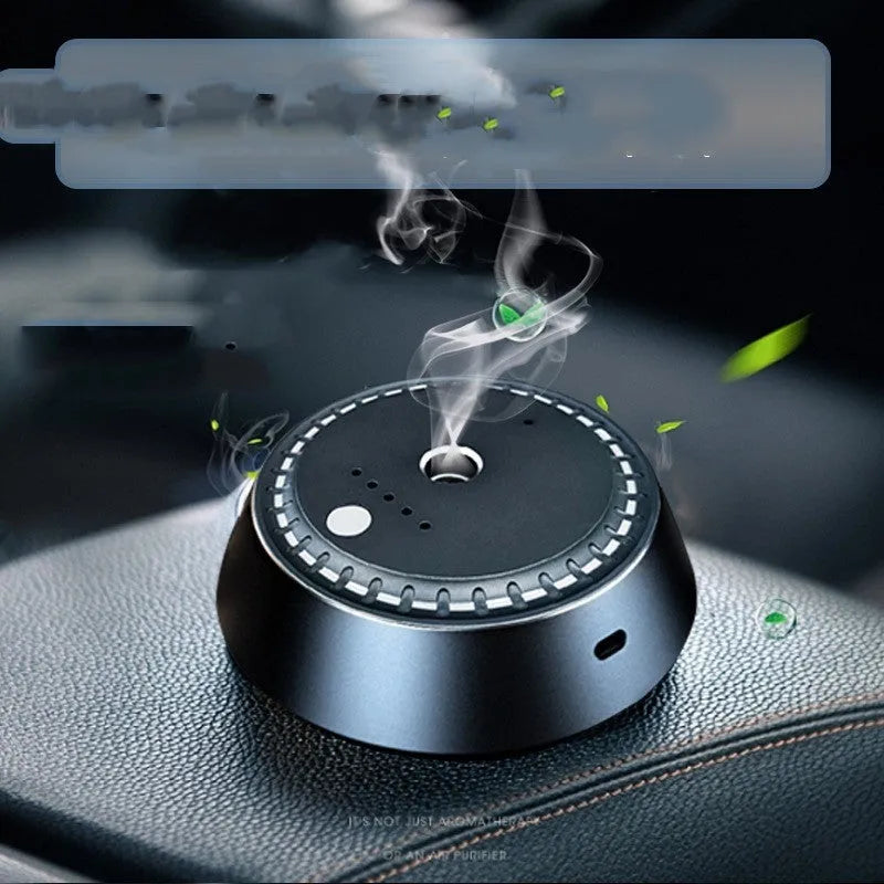 Smart car aroma diffuser in black metal, 9x4.5cm, with USB charging and timed ultrasonic diffusion