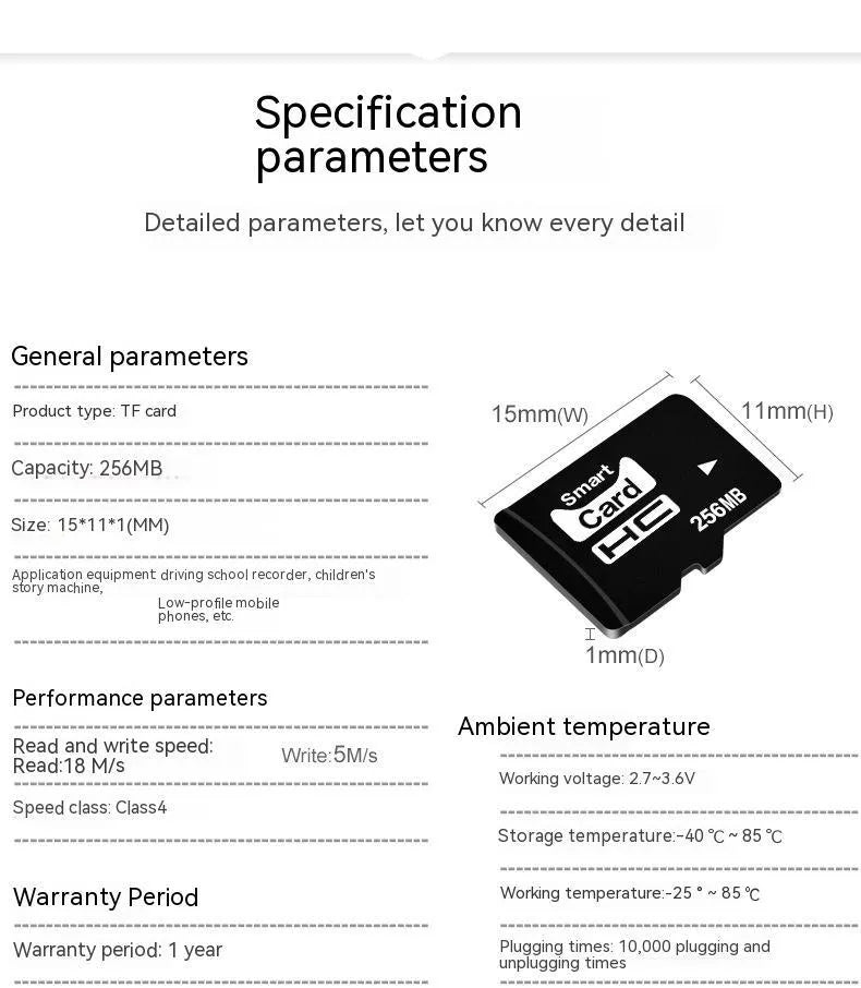 256MB TF memory card with compact 11x15x1mm dimensions for portable electronics