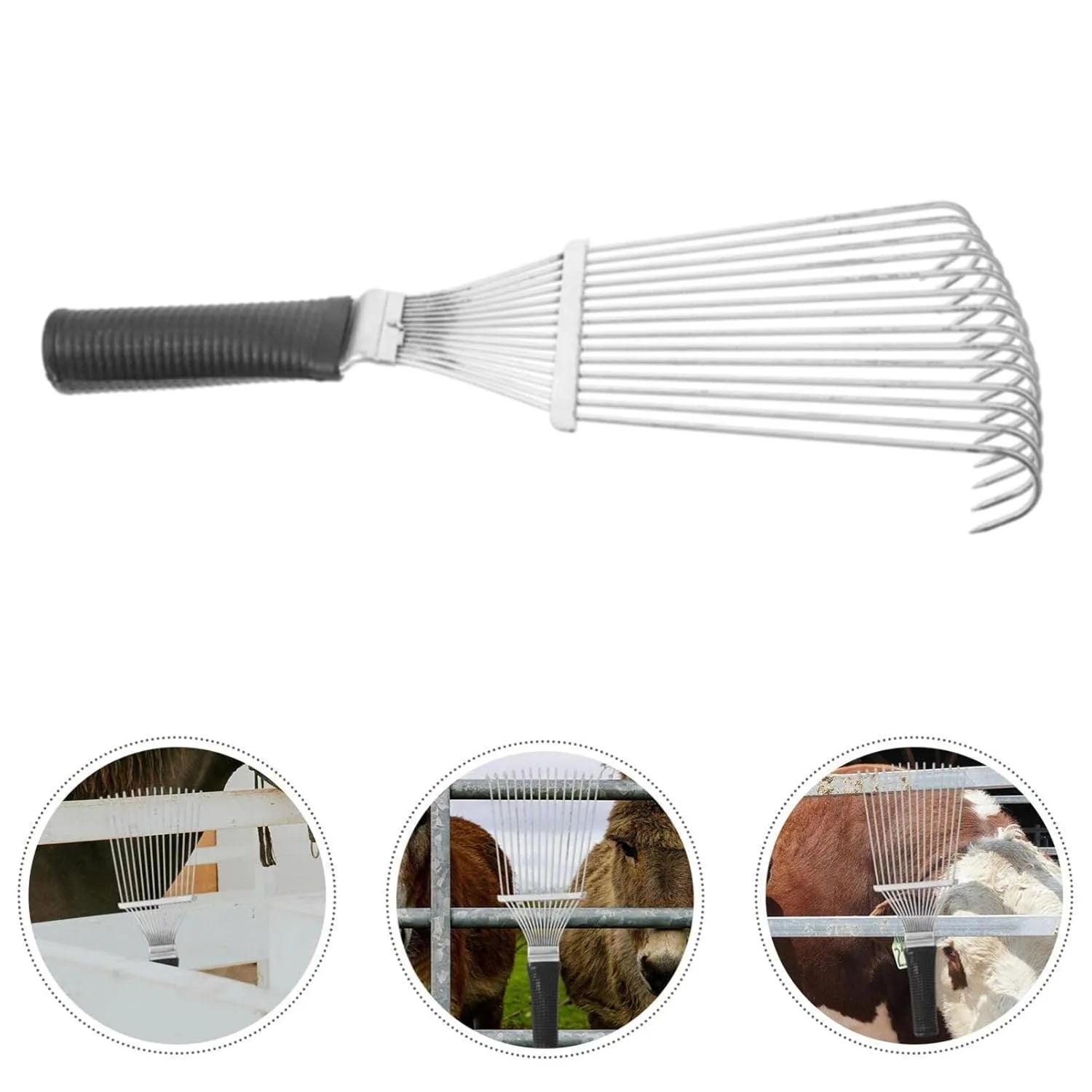 Stainless steel pet dematting brush rake comb for horse and dog grooming.