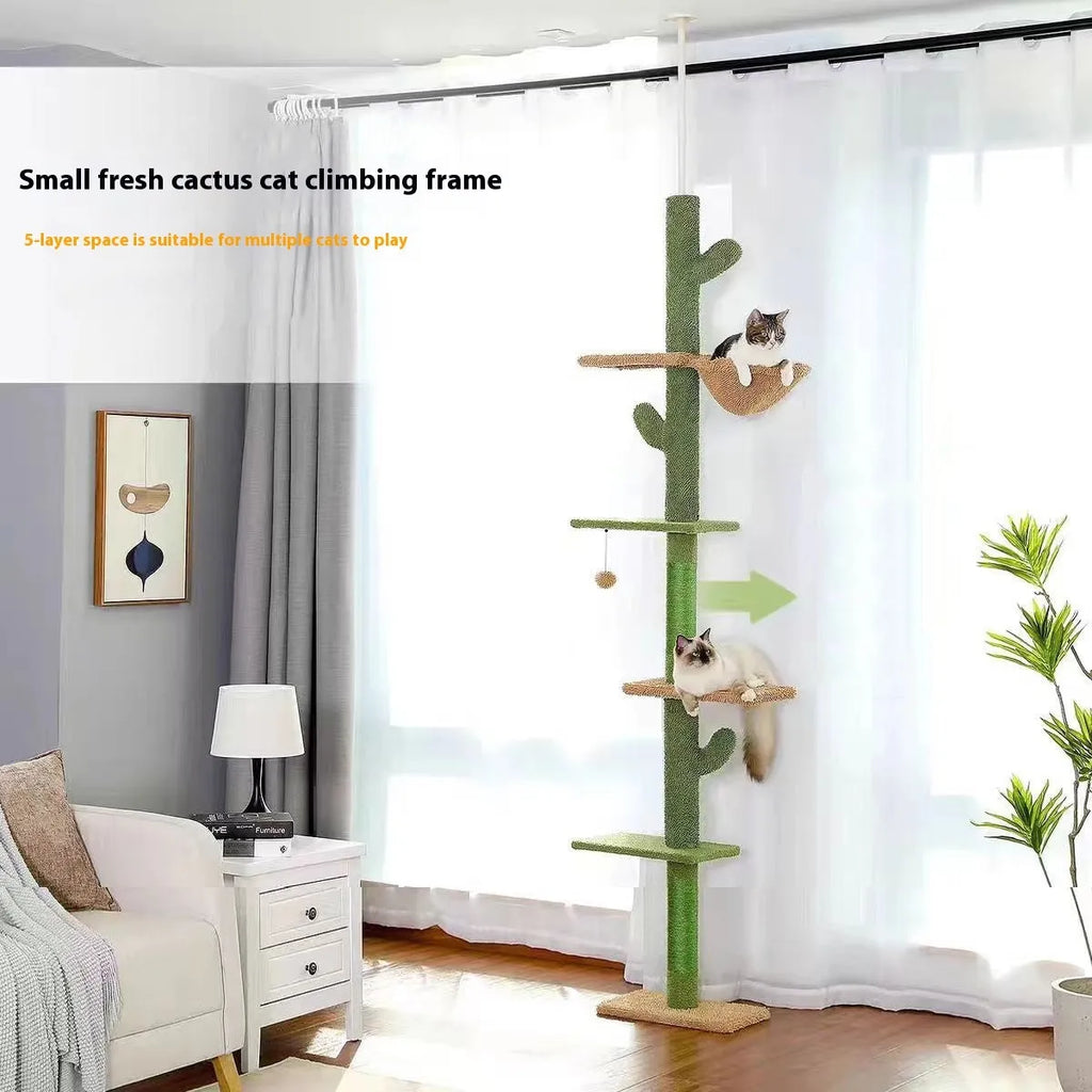 Solid wood cat climbing frame with integrated scratch board and hanging cat toy