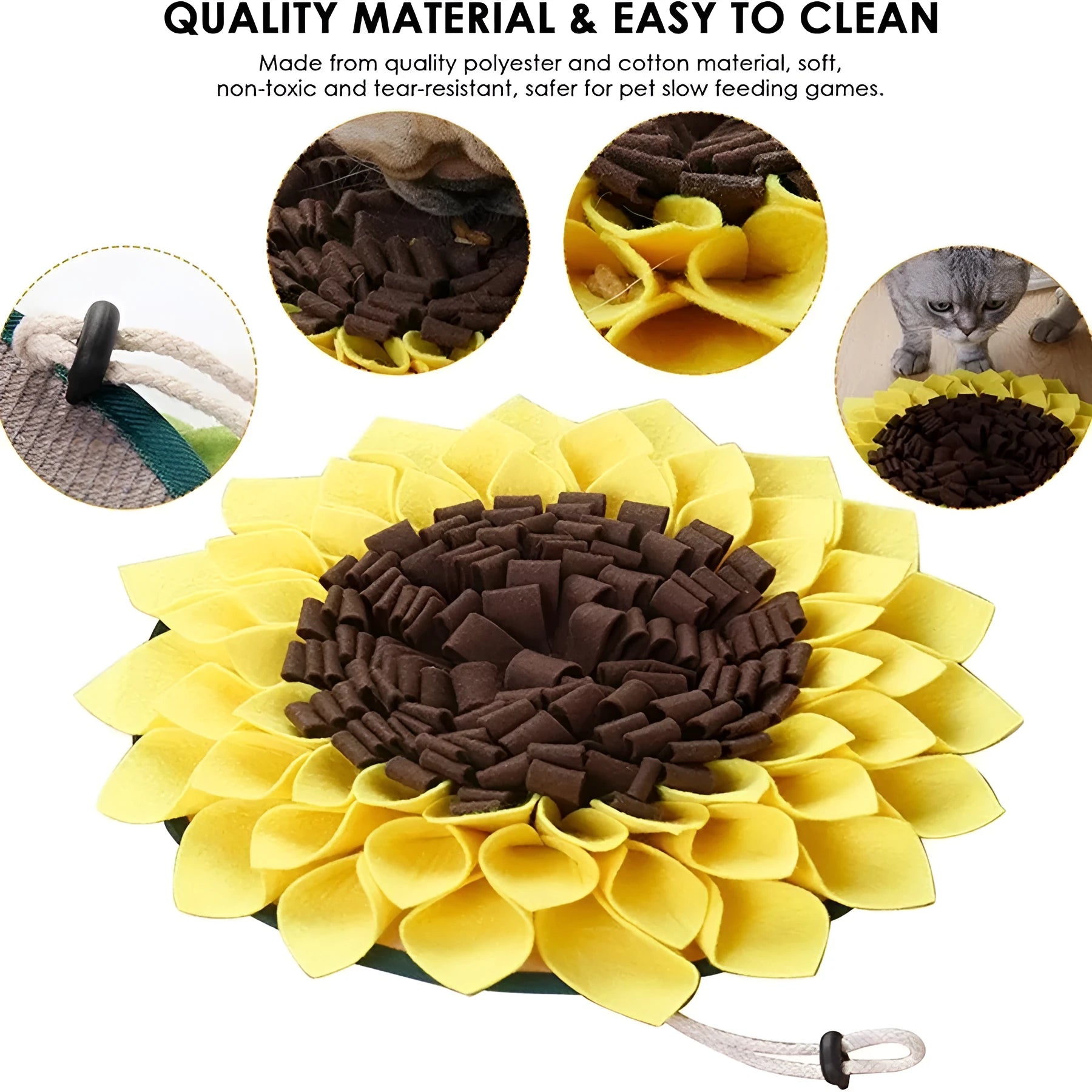 Yellow sunflower-shaped non-slip dog snuffle mat with fleece layers for slow feeding and nosework training