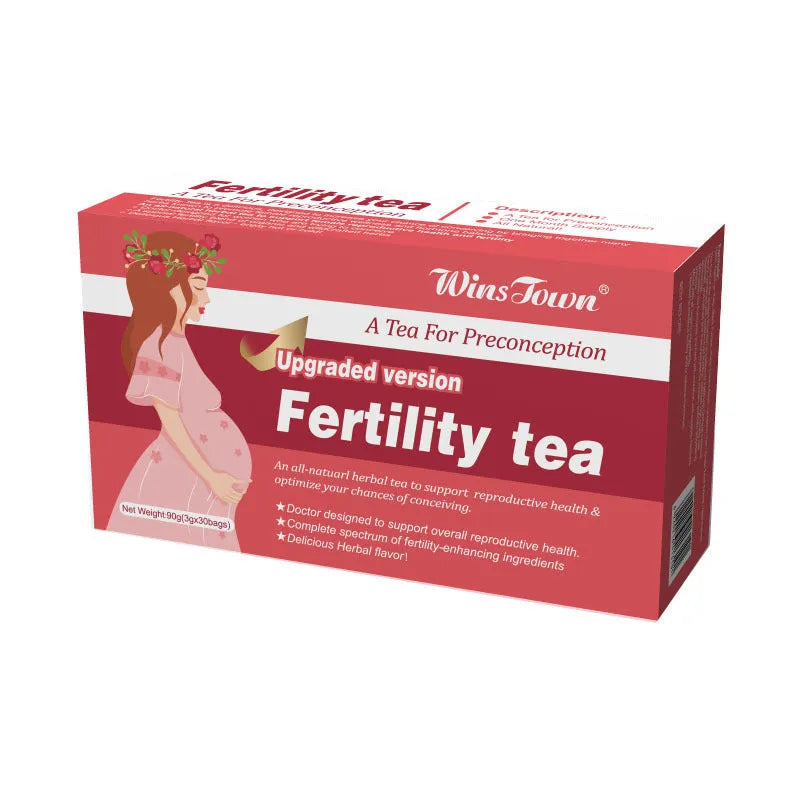 Box of fertility tea with 90 herbal tea bags in three 30-bag pouches