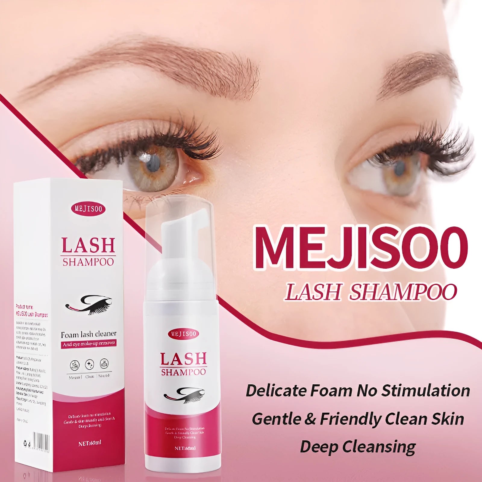 60ml lash shampoo mousse bottle for eyelash cleaning, measuring 3.7cm by 13.5cm