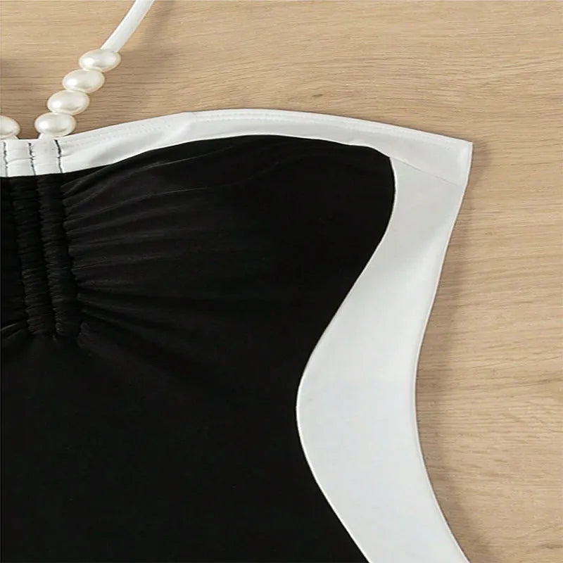 Pearl spaghetti straps one-piece swimsuit for women in black and white, slimming design