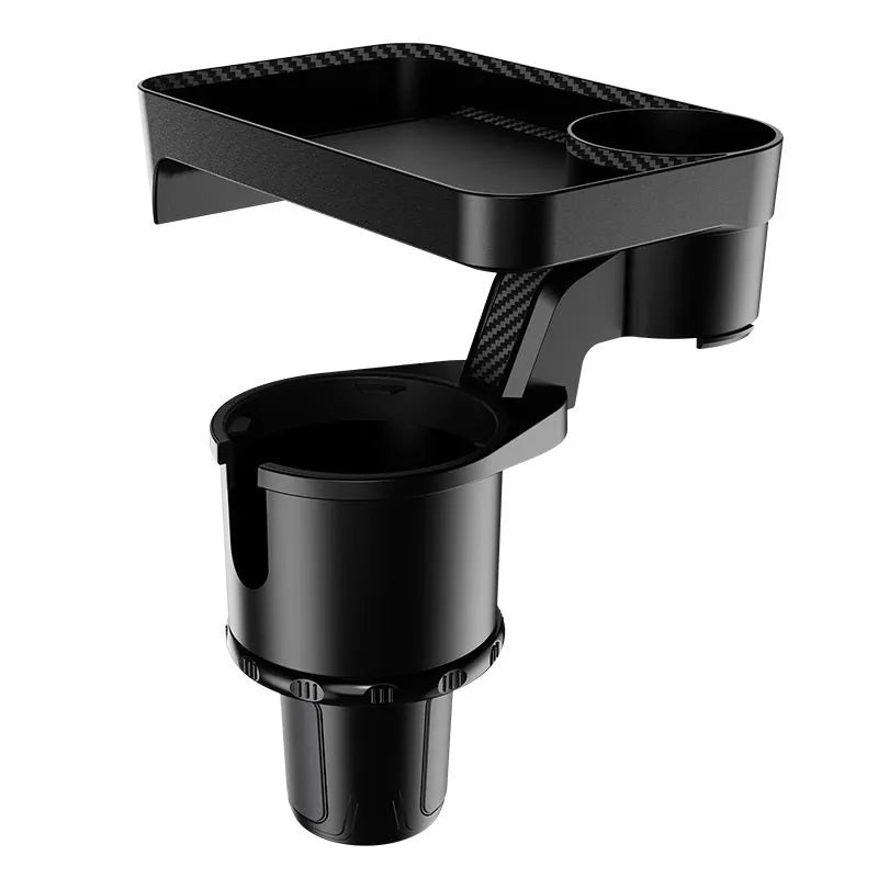 Black ABS plastic car-mounted rotating dinner tray holder attached to vehicle cup holder