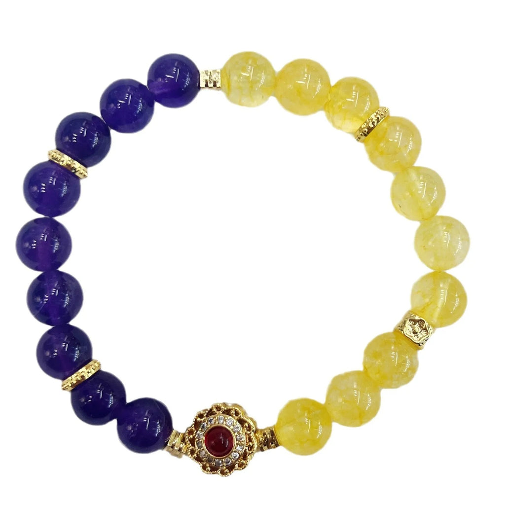 Handmade yellow and purple crystal amethyst bracelet for women showing artisan craftsmanship