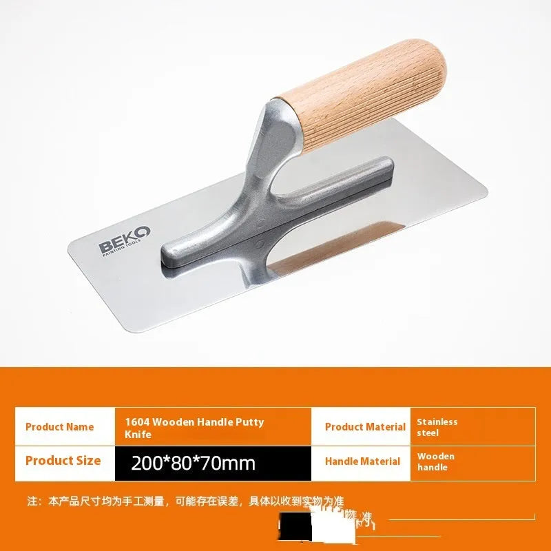 Stainless steel putty scraper with wooden handle for floor and wall preparation work